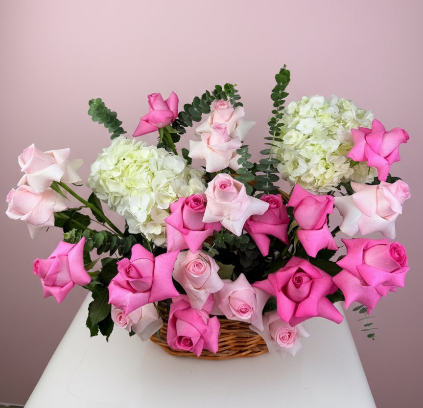 Pink roses and hydrangea in basket-Best Flower Online Shop in Dubai