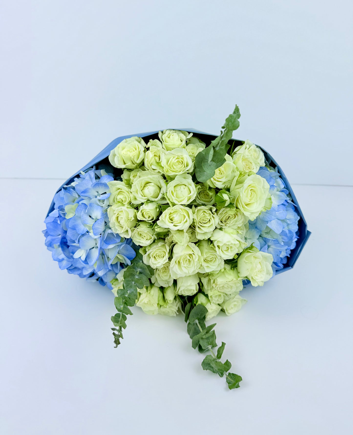 White Roses & Blue Hydrangeas Bouquet