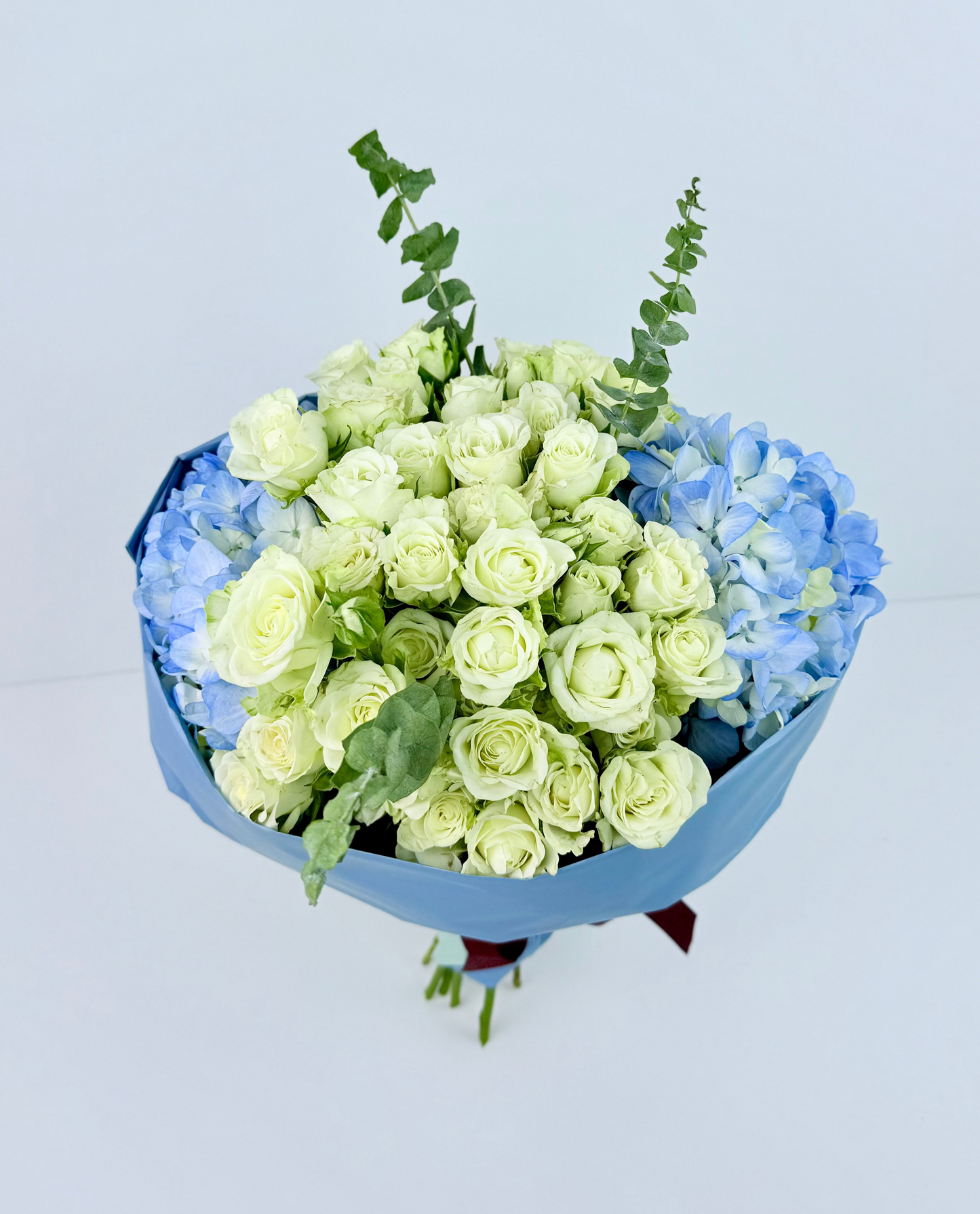 White Roses & Blue Hydrangeas Bouquet