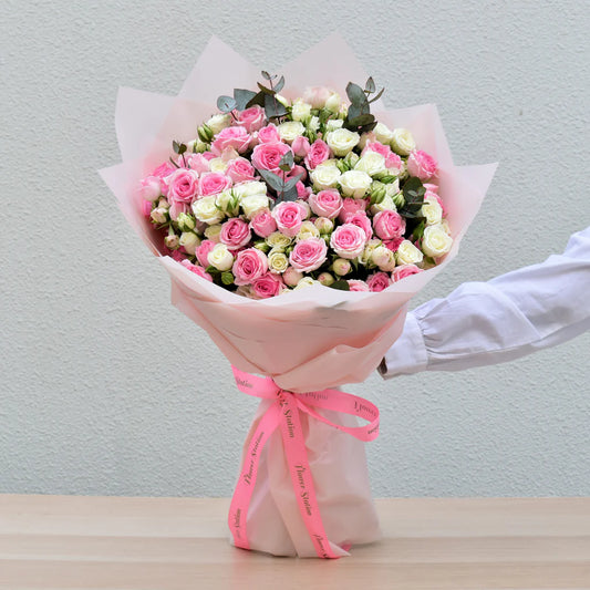 White and pink big bouquet 30 stems of baby roses
