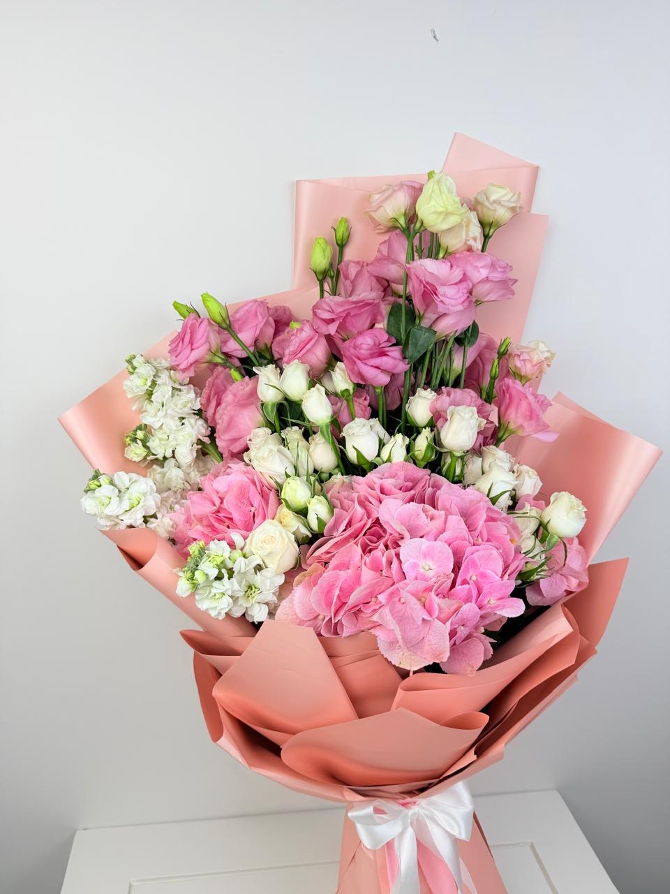 Pink bouquet garden-hydrangeas, baby roses, mathiola, and listhantus!!