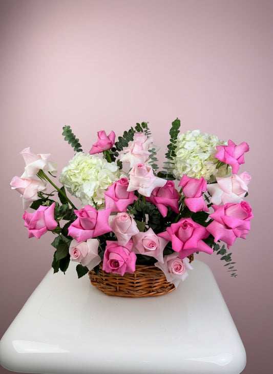 Pink roses and hydrangea in basket-Best Flower Online Shop in Dubai