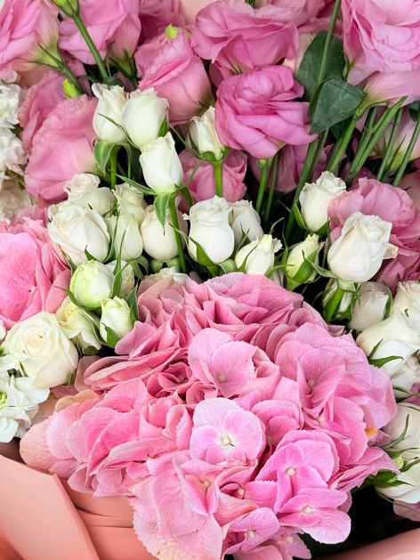Pink bouquet garden-hydrangeas, baby roses, mathiola, and listhantus!!