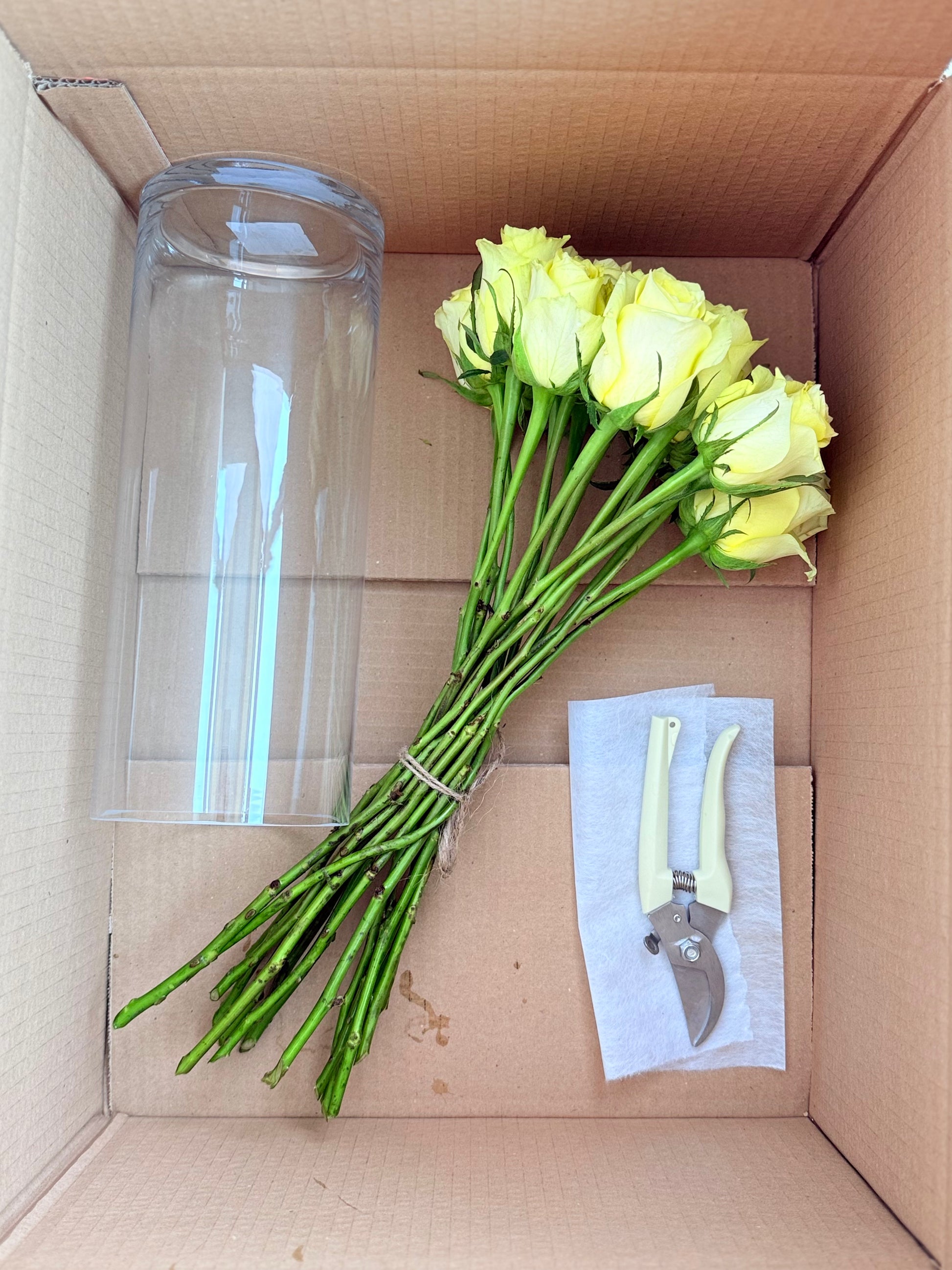 DIY flower kit with fresh White roses, vase, and cutter – send flowers uae