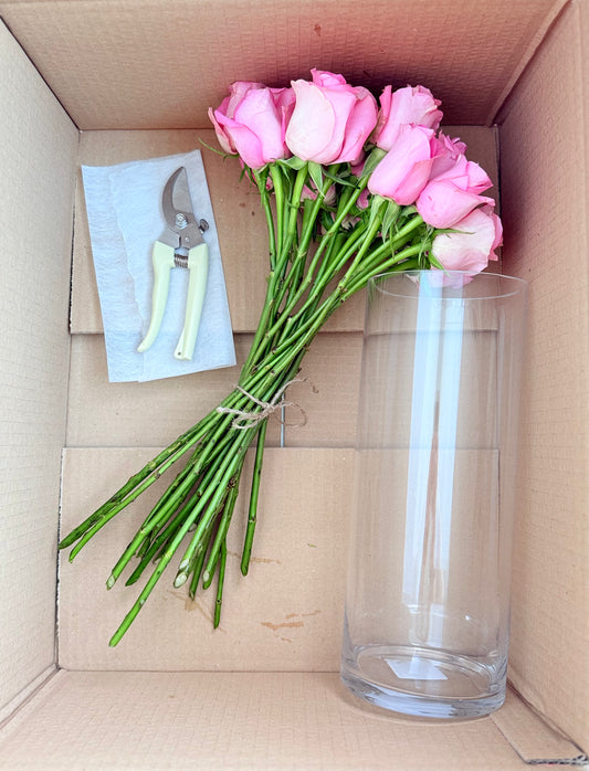 DIY flower kit with fresh White roses, vase, and cutter – send flowers uae