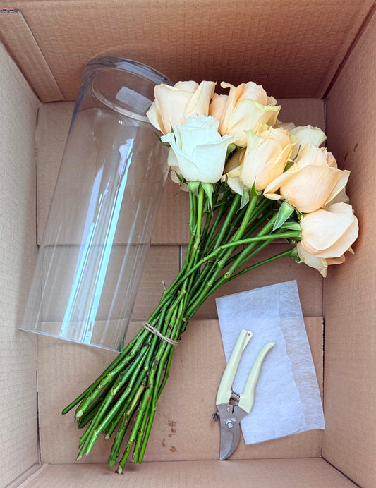 DIY flower kit with fresh White roses, vase, and cutter – online flower delivery in Dubai