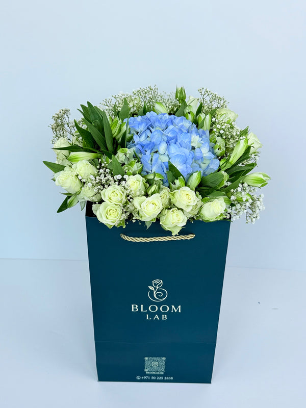 Blue hydrangea with white roses and fillers in luxury box – online flower delivery in Dubai