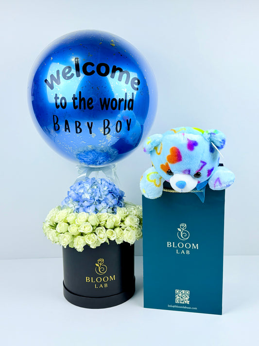 Blue personalized balloon with white and blue flowers – baby boy gift delivery in Dubai UAE